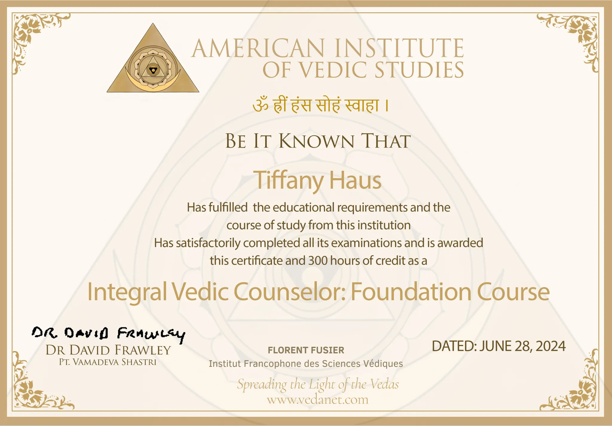 Diplôme de conseillère Vedic intégrale